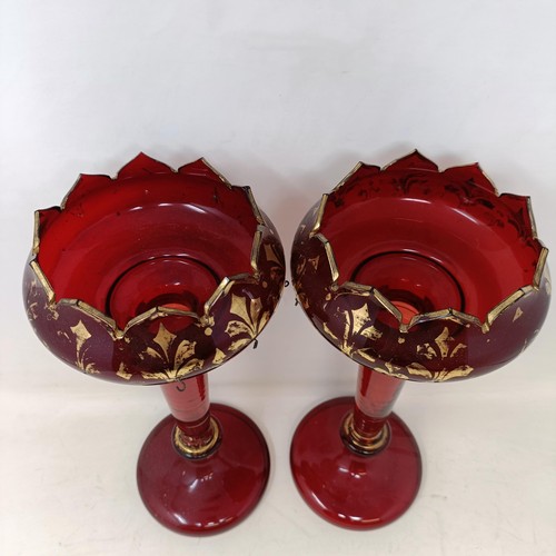 733 - A pair of ruby glass lustres, with some drops, a Jasperware cheese dish, 23 cm diameter, a pair of f... 