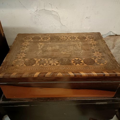 734 - A mahogany tea caddy, 23 cm wide, a clock and four boxes (6)