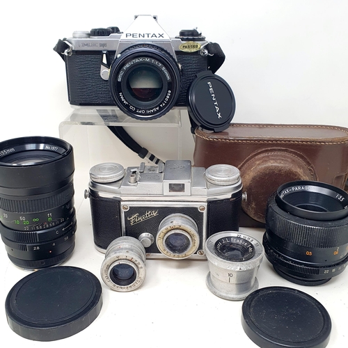 141 - A Finetta Super camera, a Pentax ME Super camera, and various accessories (box)