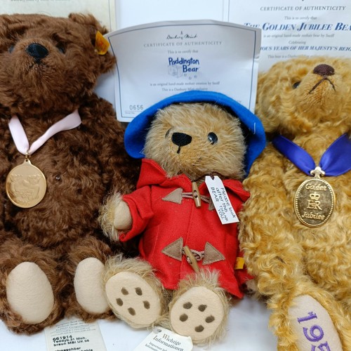 226 - A modern Steiff limited edition Paddington bear, with certificate and bag, and three other Steiff te... 