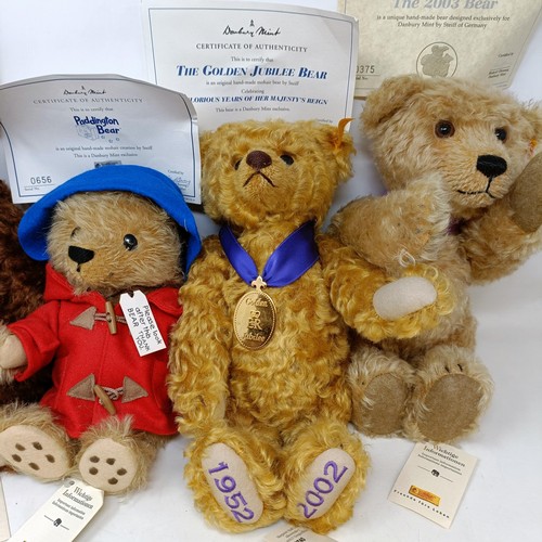 226 - A modern Steiff limited edition Paddington bear, with certificate and bag, and three other Steiff te... 