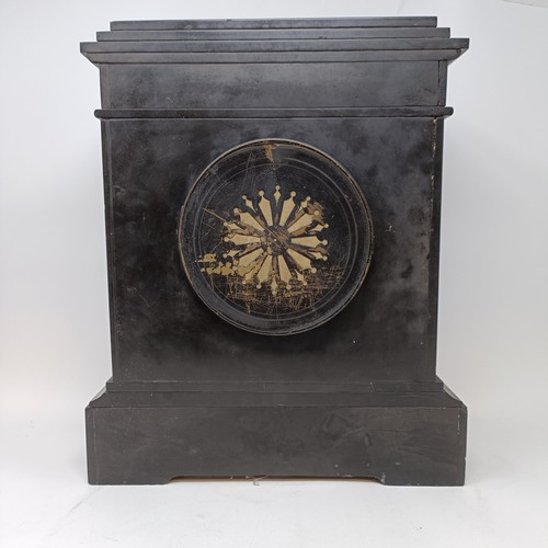 839 - A mantel clock, with a slate dial, with Roman numerals, to a twin train eight day movement, striking... 