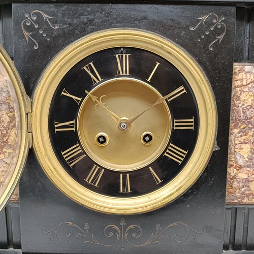 839 - A mantel clock, with a slate dial, with Roman numerals, to a twin train eight day movement, striking... 