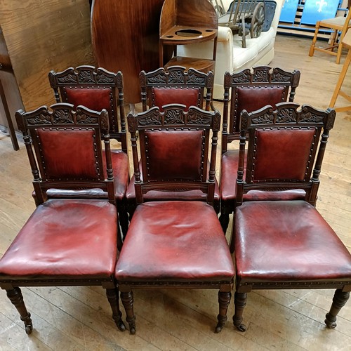 901 - A set of six late 19th century carved walnut dining chairs, with leather padded backs and seats (6)