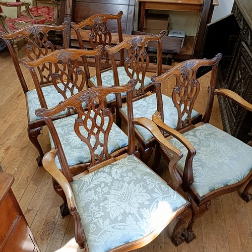 904 - A set of six Chippendale style mahogany dining chairs with pierced splats, drop in seats, cabriole l... 