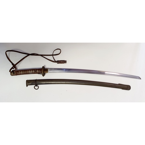 542 - A Japanese WWII era katana, with a faux cord and fish skin (metal) handle, a plain tsuba, the blade ... 