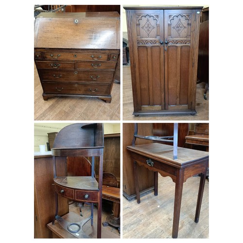 988 - A George III oak bureau, 93 cm wide, an oak cupboard, 95 cm wide, a folding card table and a washsta... 