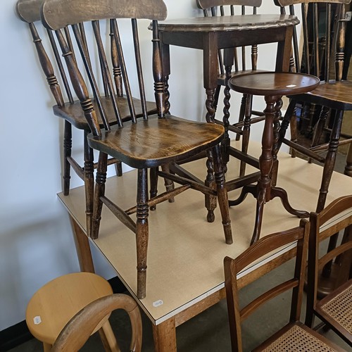 1031 - A formica topped kitchen table, 23 cm wide, a set of four pine kitchen chairs, and assorted other fu... 