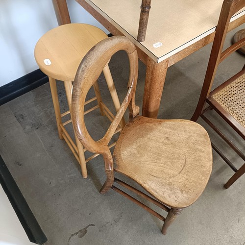 1031 - A formica topped kitchen table, 23 cm wide, a set of four pine kitchen chairs, and assorted other fu... 