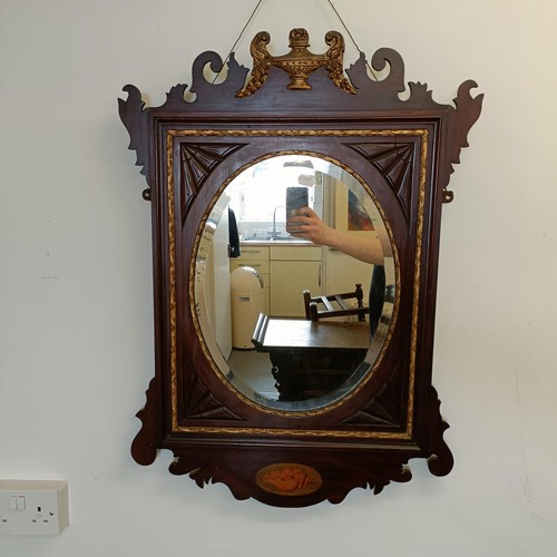 1043 - A George III style inlaid mahogany mirror, 84 x 60 cm