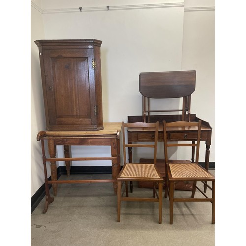 1044 - A mahogany washstand, with two drawers, 88 cm wide, a Sutherland table, a pair of chairs, a towel ra... 