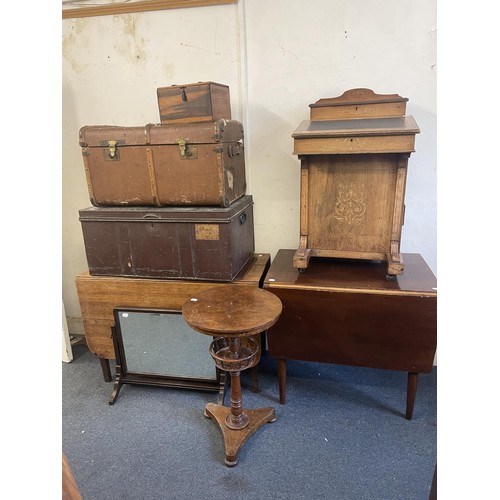 964 - A walnut occasional table, 47 cm diameter, a Davenport, two drop leaf tables, a dressing table, two ... 