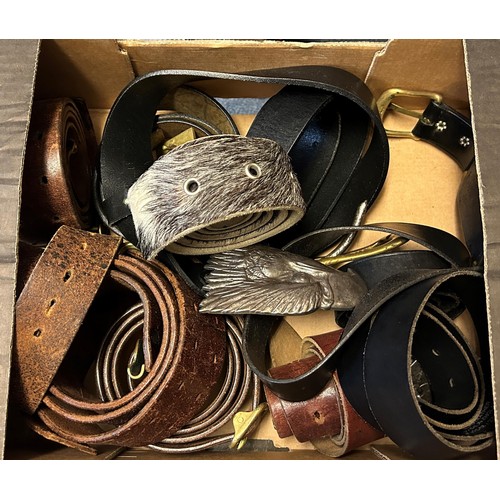 756 - Assorted novelty buckles, belts and a safe box (qty)