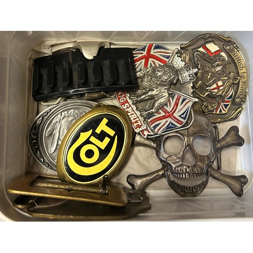 756 - Assorted novelty buckles, belts and a safe box (qty)