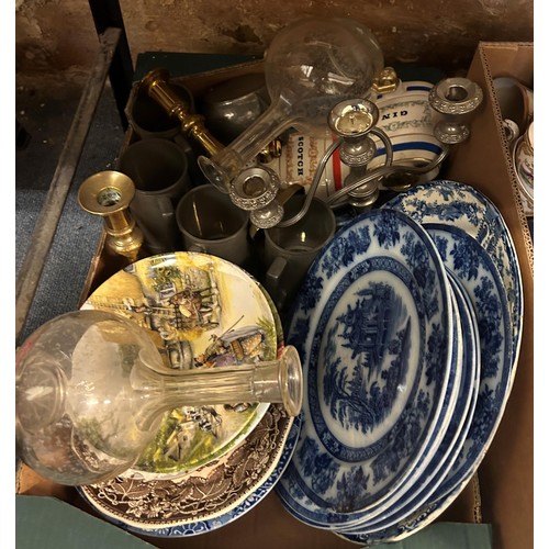 758 - A pair of brass candlesticks, a blue and white part dinner service and assorted ceramics (5 boxes)