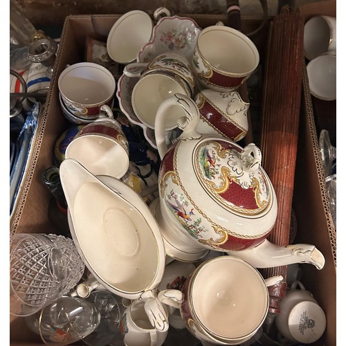 758 - A pair of brass candlesticks, a blue and white part dinner service and assorted ceramics (5 boxes)