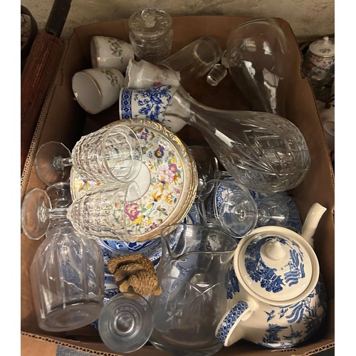 758 - A pair of brass candlesticks, a blue and white part dinner service and assorted ceramics (5 boxes)