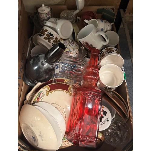 758 - A pair of brass candlesticks, a blue and white part dinner service and assorted ceramics (5 boxes)