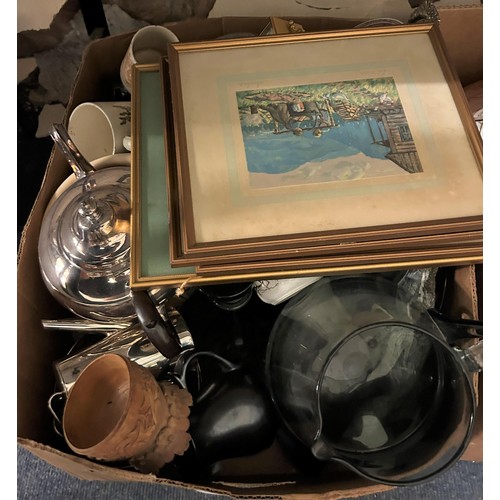 764 - A silver plated entree dish, a Spode blue and white cup and saucer, and assorted other items (2 boxe... 