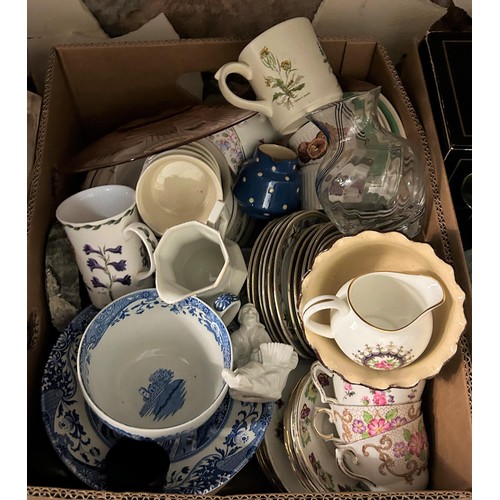 764 - A silver plated entree dish, a Spode blue and white cup and saucer, and assorted other items (2 boxe... 