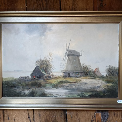 817 - English school, landscape with a windmill, oil on board, 43 x 68 cm, and assorted pictures and print... 