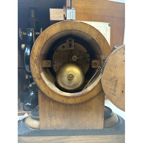 820 - A students microscope in a mahogany case, a mantel clock and a carriage clock (3)