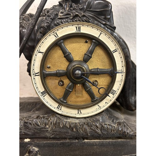 828 - A late 19th century mantel clock, with a painted and bronze dial in the form of a cartwheel having R... 