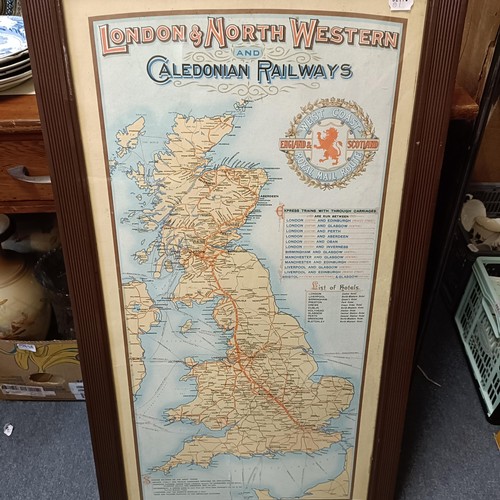 792 - A London & North Western and Caledonian Railway map, framed, 92 cm x 46 cm