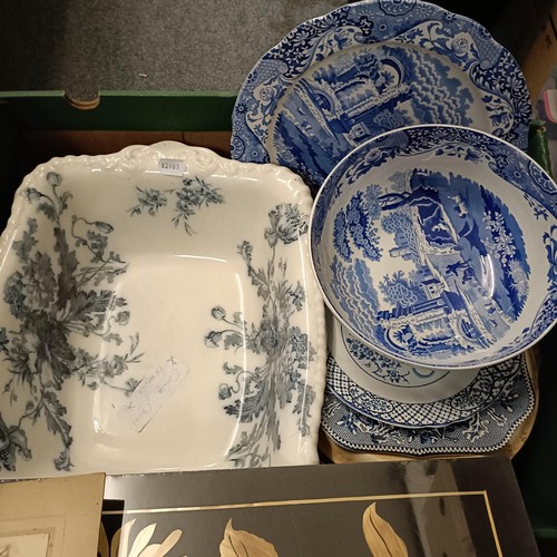 767 - A Spode blue and white bowl, assorted ceramics, prints and other items (4 boxes)