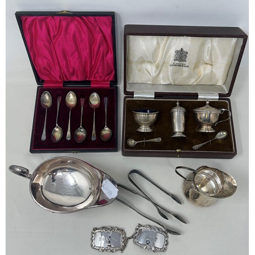 787 - A George V silver cream jug, a silver plated sauce boat, a cruet, a set of six spoons and other item... 