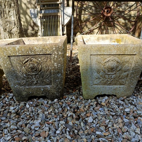 979 - A pair of square composite stone garden urns, 38 cm wide, and six others