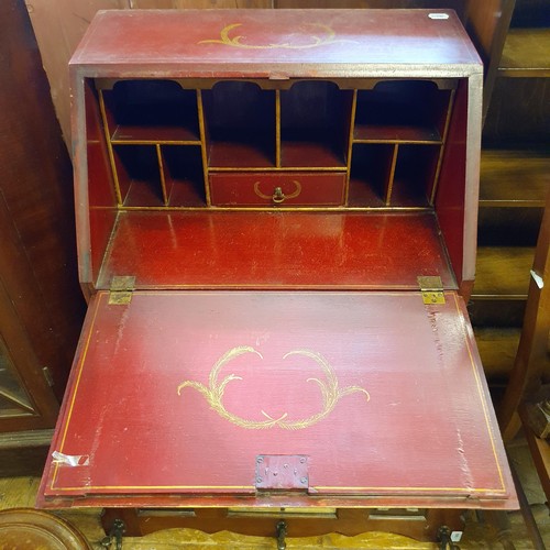 881 - A bureau, with Chinoiserie style decoration, a bookcase, a coat hook, two stools, and a chair (6)