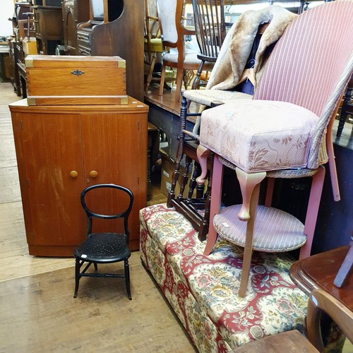 911 - A 1970's cocktail cabinet, 82 cm wide, a mahogany and brass bound box, a child's chair, a nest of oa... 