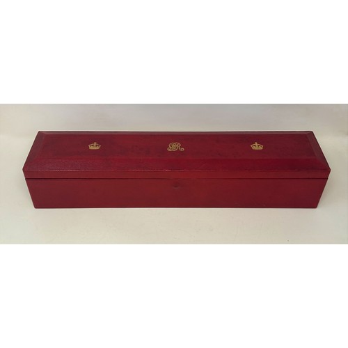 586 - A George V red leather scroll box, tooled and highlighted in gilt, with royal cypher, 50 cm wide