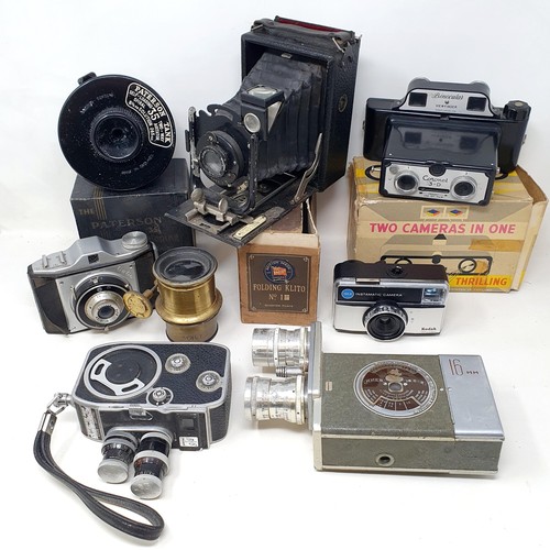 615 - A Brownie Model D box camera, a KNEB 16 mm cine camera, a Hawkeye box camera, a Brownie bellows came... 