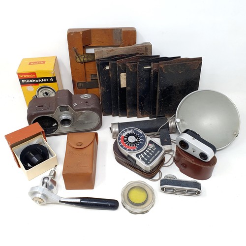 615 - A Brownie Model D box camera, a KNEB 16 mm cine camera, a Hawkeye box camera, a Brownie bellows came... 