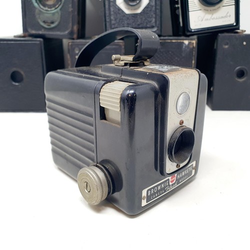 615 - A Brownie Model D box camera, a KNEB 16 mm cine camera, a Hawkeye box camera, a Brownie bellows came... 