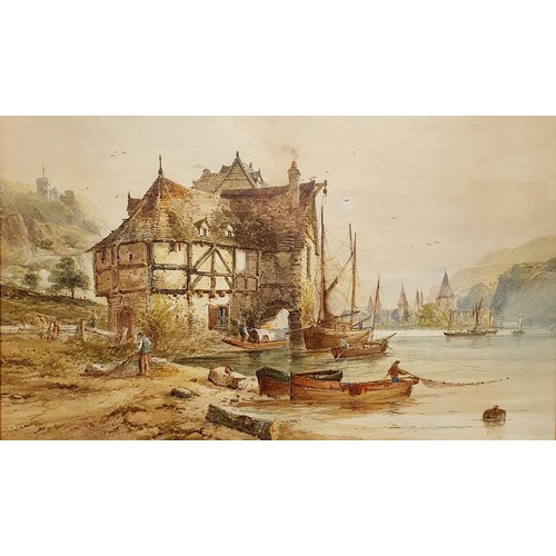 340 - Early 20th century, Continental school, a river scene, watercolour, 44 x 69 cm