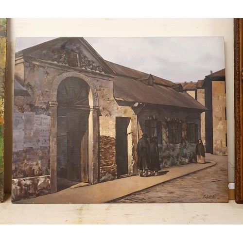 307 - Michalski, Krakow Jewish Quarter, street scene, oil on canvas, signed, 56 x 72 cm