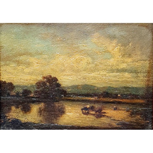 322 - Early 20th century, English school, cattle drinking, oil on board, 15 x 19 cm