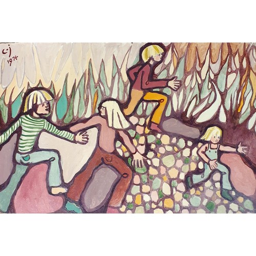 323 - 20th century, English school, children at play, mixed media on board, initialed C J and dated 1974, ... 