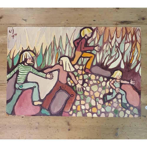 323 - 20th century, English school, children at play, mixed media on board, initialed C J and dated 1974, ... 