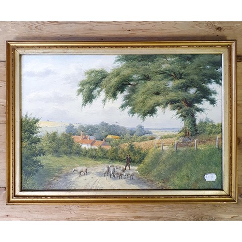 327 - George T Lowe, landscape with sheep and a shepherd, gouache, signed, 53 x 35 cm