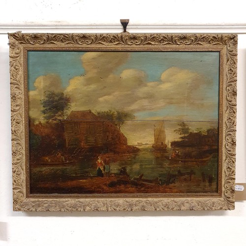 343 - 19th century, English school, landscape with figures, oil on board, indistinctly signed, 47 x 62 cm