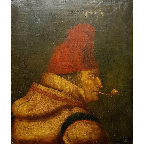 345 - 19th century, Continental school, a figure smoking a pipe, oil on canvas, 43 x 38 cm