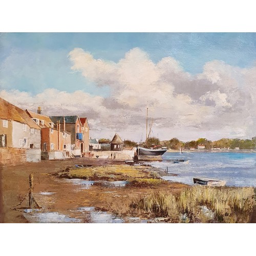 353 - 20th century, English school, harbour scene, oil on board, 43 x 60 cm, L D Campbell, lake scene, oil... 