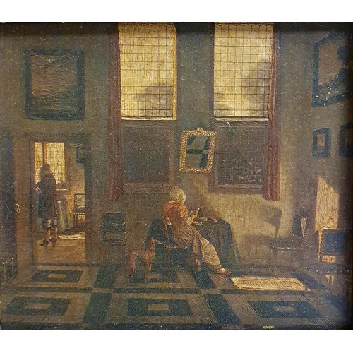 367 - Early 20th century, Dutch school, interior scene, oil on canvas, 19 x 20 cm, and a landscape with ca... 