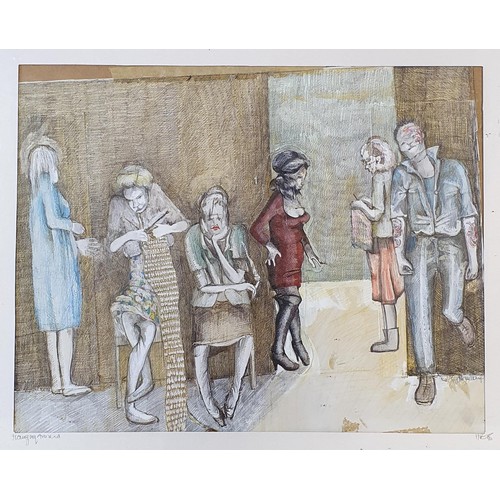 382 - 20th century, English school, figures in a waiting room, mixed media on paper, indistinctly signed, ... 