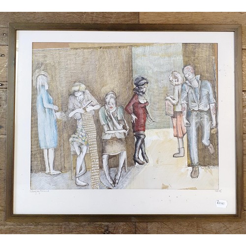 382 - 20th century, English school, figures in a waiting room, mixed media on paper, indistinctly signed, ... 