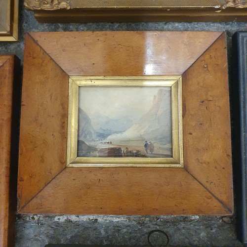 406 - 19th century, English school, landscape, watercolour, 7 x 9 cm, in a birdseye maple frame, 20 x 18 c... 